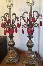 Pair 33” Hollywood Regency Lamps MCM Kitschy Red Teardrop Chandelier Crystals picture