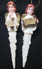 X-Mas Tree Ornaments 2 Angels Music Playing Tall Skinny Gilt Wings Christmas picture