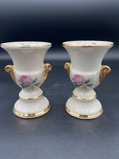 Pair of Vintage Porcelain Urn-style Vase w/double scroll handles, Roses & Gold picture