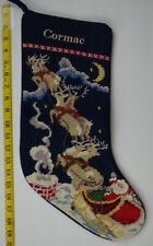 LANDS END Santa Reindeer Wool Needlepoint Christmas Stocking Monogrammed CORMAC picture
