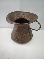 Antique Early 1900s Rolled Top Embossed Copper Double Handle Pot Spitoon picture