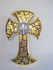  Beautiful Gold Purple Wooden Cross  Metal Emblem Wall Decor Plaque 14.5