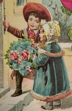 Happy New Year Boy and Girl with Flowers Embossed Vintage Postcard Postcard picture