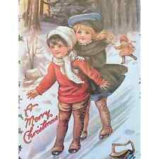 Christmas Postcard Old Print Factory Victorian Style Beautiful Children Skating picture