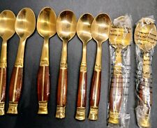 Vintage Sm. Demitasse Brass And Teak Tea Spoons 8 In Velvet Pouch From Thailand picture