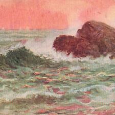 Gorgeous Pink Sunset & Ocean Waves Against The Rocks 1910s Art Postcard picture