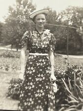 LA) Photo 1940's Beautiful Woman Pretty Lady Floral Flower Dress Hat Elko Border picture