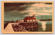 c1940s~Portland Maine ME~Breakwater Light~Lighthouse~Harbor~Night~VTG Postcard picture
