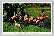 FL-Florida, Seminole Indian Girl Feeding Flamingos, Vintage c1963 Postcard picture