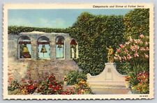 California~Campanario & Statue @ Mission San Juan Capistrano~Vintage Linen PC picture