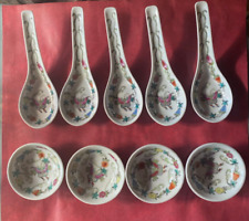 Lot of 9 Vintage Chinese Jingdezhen Porcelain Rice Spoons (5) & Souse Dishes (4) picture