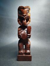  Tiki Maori Hand Carved Wooden Statue New Zealand Abalone Shell  picture