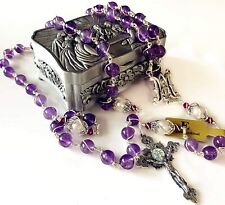 Sterling Silver Wire Wrapped Amethyst & Pearl Beads catholic Rosary necklace box picture