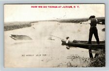 Junius NY-New York, Fishing On A Boat, Fish In Water, c1912 Vintage Postcard picture