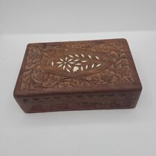 Vintage Hand Carved Floral Inlay Lined Wooden Jewelry Box India Storage Box picture