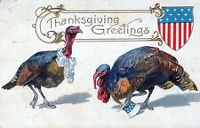 THANKSGIVING - Two Turkeys Patriotic Thanksgiving Greetings Postcard - 1909 picture