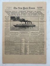 Vtg 1915 NYT, News HEADLINE STEAMSHIP LUSITANIA SUNK By SUBMARINE TORPEDO, 8x10 picture