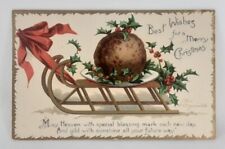 Christmas Post Card Ellen H Clapsaddle Embossed Holly and Sled Undivided Back picture
