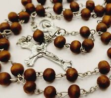 VINTAGE Rosary Dark BROWN beads silver tone CROSS 19