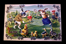 ~Dressed Rabbits Play Tennis~Chicks Easter Fantasy Anthropomorphic Postcard~g619 picture