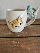 Vintage Sip N' Whistle Milk Mug Japan 3.5” Cat & Bird Ceramic  Collectible/HTF picture