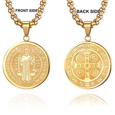 St Saint Benedict Medal Gold Plated Exorcism Pendant Necklace Stainless Steel picture