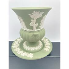 Vintage Wedgwood Green Jasperware Mini Grecian Urn Vase and Plate  picture