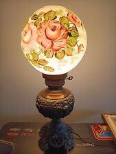 Antique Electrified Cast Iron Cherub Banquet Lamp. Hand Painted Shade Red Roses picture