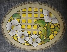 Antique Arts & Crafts Era Linen Lattice Cutout Painted Embroidered Table Cloth picture