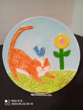 3D Orange/White Cat Blue Bird Yellow Flower Plate By Home Presents 8” picture