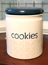 Threshold Stonewear Cookie Jar (2013 Off-White with Teal Lid 463422) picture