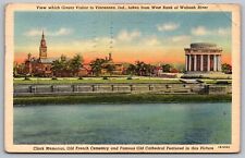 Vincennes Indiana In West Bank Of Wabsh River Clark Memorial Linen Wob Postcard picture