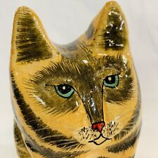 VTG Orange Tabby Cat Kashmir Lacquer Paper Mache Trinket Box India Green Eyes picture