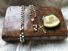 Antique French Child 59 Beaded Mother of Pearl Rosary with Leather Pouch c1900s picture