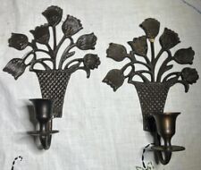 Vintage MCM Bronze?Tulip Floral Candle Sconce Set. 8 1/2x6 in. picture