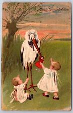 PFB Fantasy~Stork In Bonnet Gives Doll To Baby Girls~Embossed~Ser 6289~1907 picture