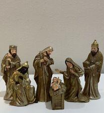 Vtg 7 Piece Gold Distressed Nativity Set Mary Joseph Baby Jesus Wisemen 5 1/2” H picture