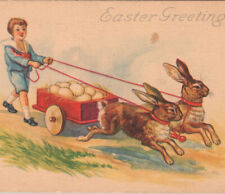 Vintage 1927 Easter Greetings Boy Rabbit Egg Bunny Hare Wagon Postcard picture