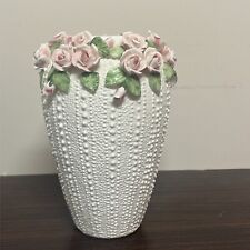 Vintage Jolie Fleurs Bone China Applied Pink Roses Vase Seymour Mann 1987 8.5