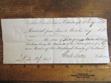 Antique Ephemera Document 1830 Edinburgh Highland Society Membership Receipt picture