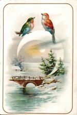 Victorian Trade Card Chromolithograph 1880-90s Trade Postcard Bridge Birds Moon picture