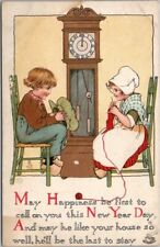 c1910s Tuck's HAPPY NEW YEAR Postcard Dutch Boy & Girl / Knitting *Stained Back picture