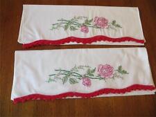 Vintage 100% Cotton Pillowcases Embroidered Pink Red Roses Crocheted Trim picture
