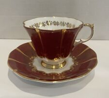 Vtg Queen Anne Bone China Red & Gold Fluted Tea Cup & Saucer Made In England picture