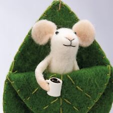 Primitives by Kathy - Felt Mouse Snuggled in Leaf Bed with Coffee Cup Ornament picture