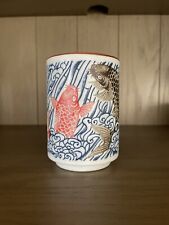 Japanese Porcelain Tea Sushi Mug Cup Lucky Koi Carp Orange blue carved waves 4