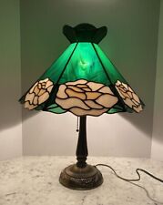 Vintage Tiffany Style Stained Glass Table Lamp Floral Pink Green Roses picture