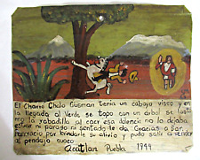 VTG 1944 HP MEXICAN TIN RETABLO SAN FANCISCO HELPS CHARRO HEALS HIS TAILBONE picture