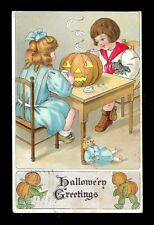 c1909 Brown & Woodley Halloween Postcard Children Having Tea Party JOL, Doll picture