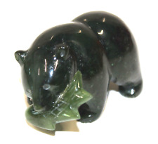 Vintage Hand Carved Nephrite Jade Bear W/ Salmon Fish in Mouth picture